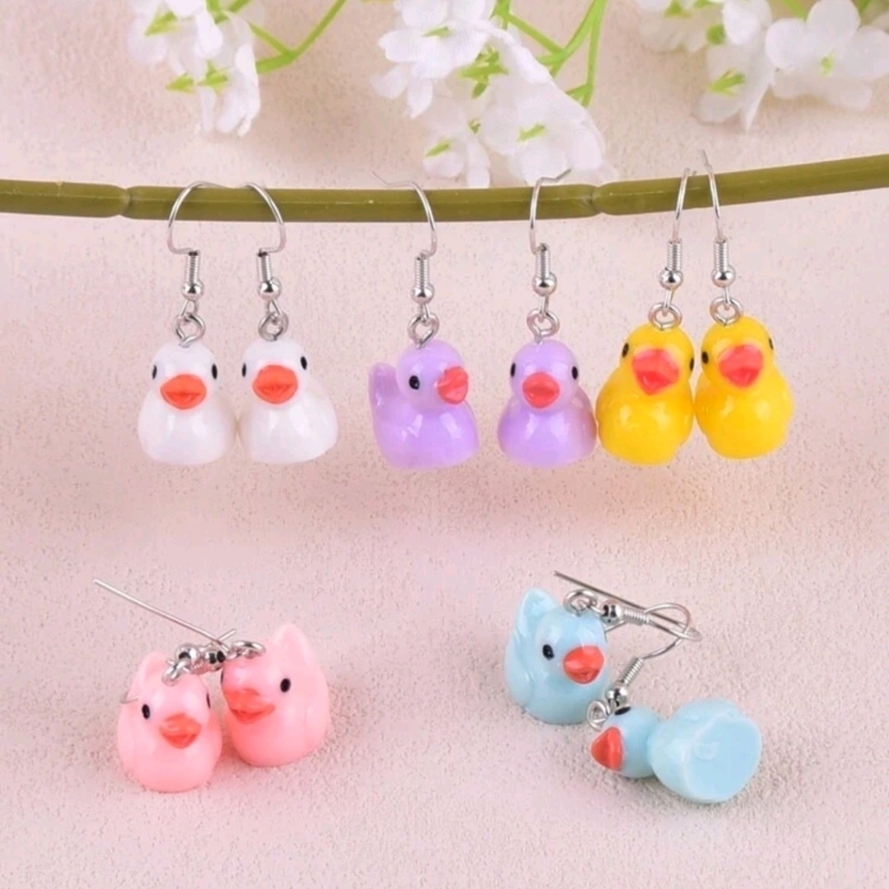 5 pair multicolored mini duck dangle drop earrings ladies girls fun cute